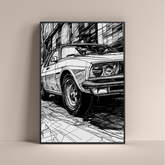Mustang GT line art poster by Dripster featuring black and white detailed sketch of classic car front view